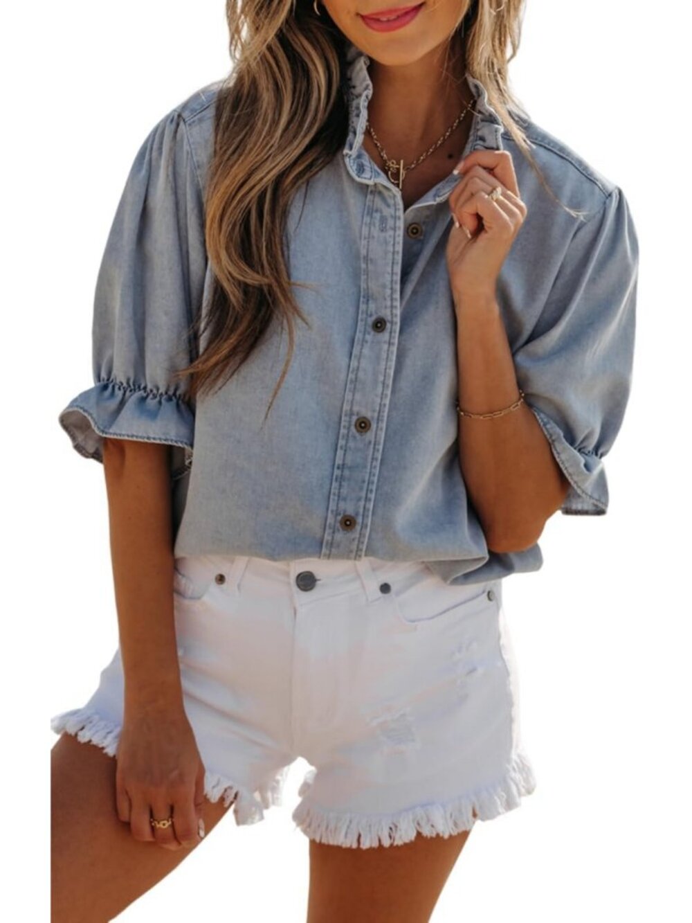 Stylish Women's Ruffle Chambray Top - Short Sleeve Denim Shirt for Casual Wear